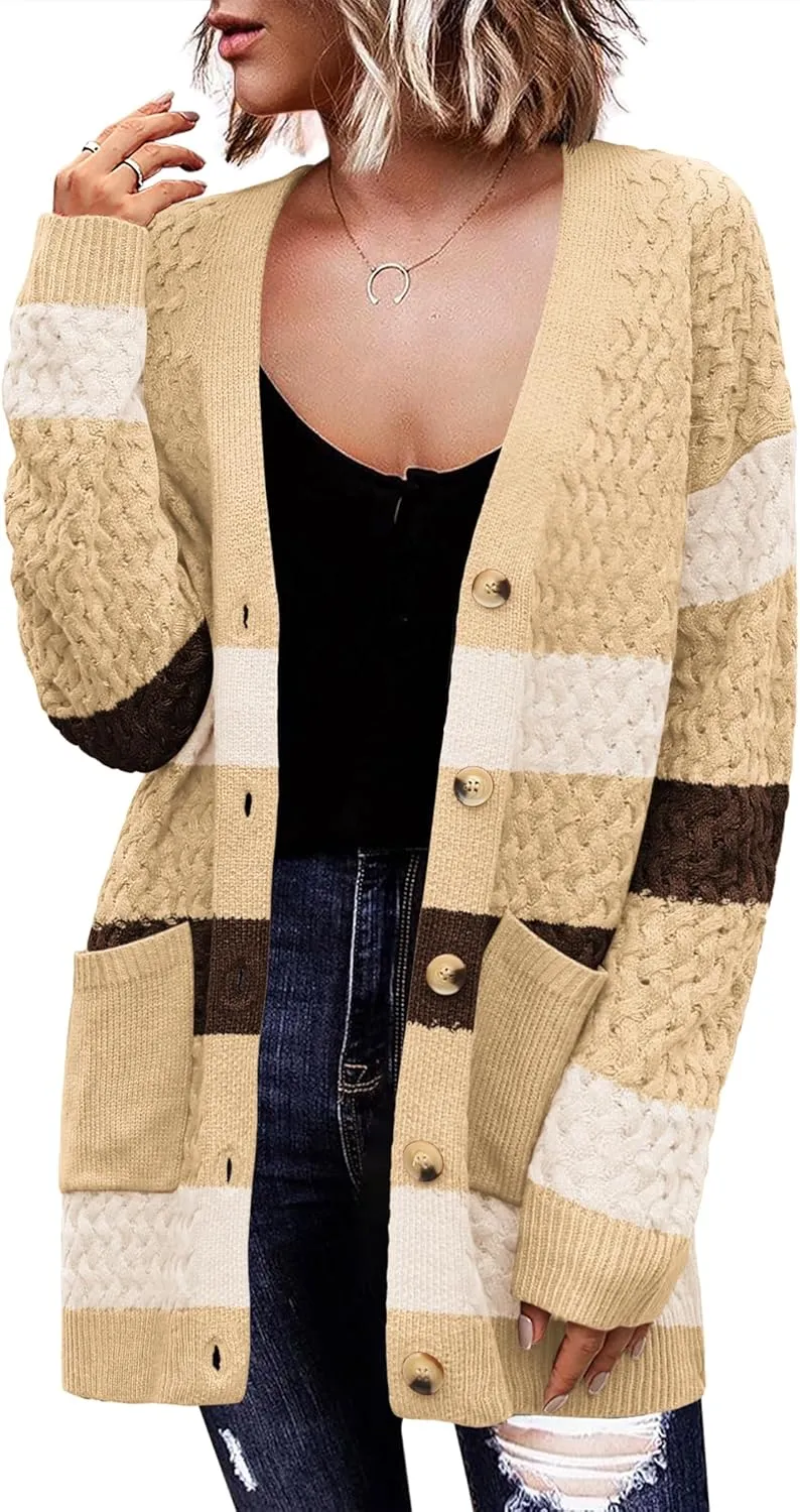 Womens 2024 Long Sleeve Chunky Cable Knit Fall Cardigans Sweaters Button Down Open Front Outerwear with Pockets