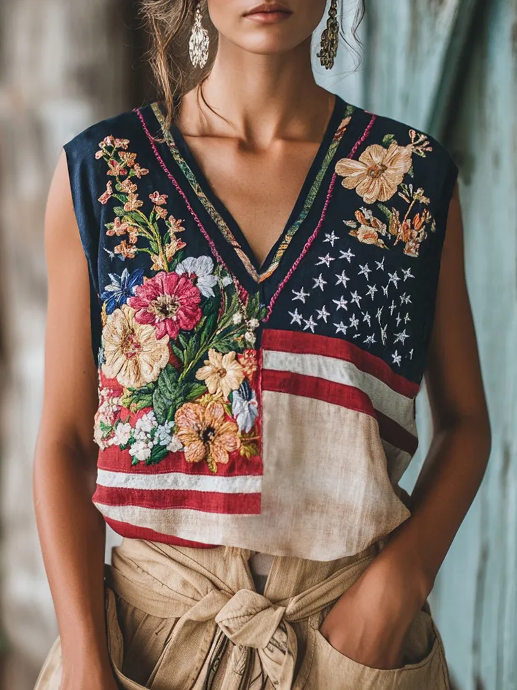 Women's Independence Day American Flag Floral Embroidered V-neck Linen Blend T-shirt