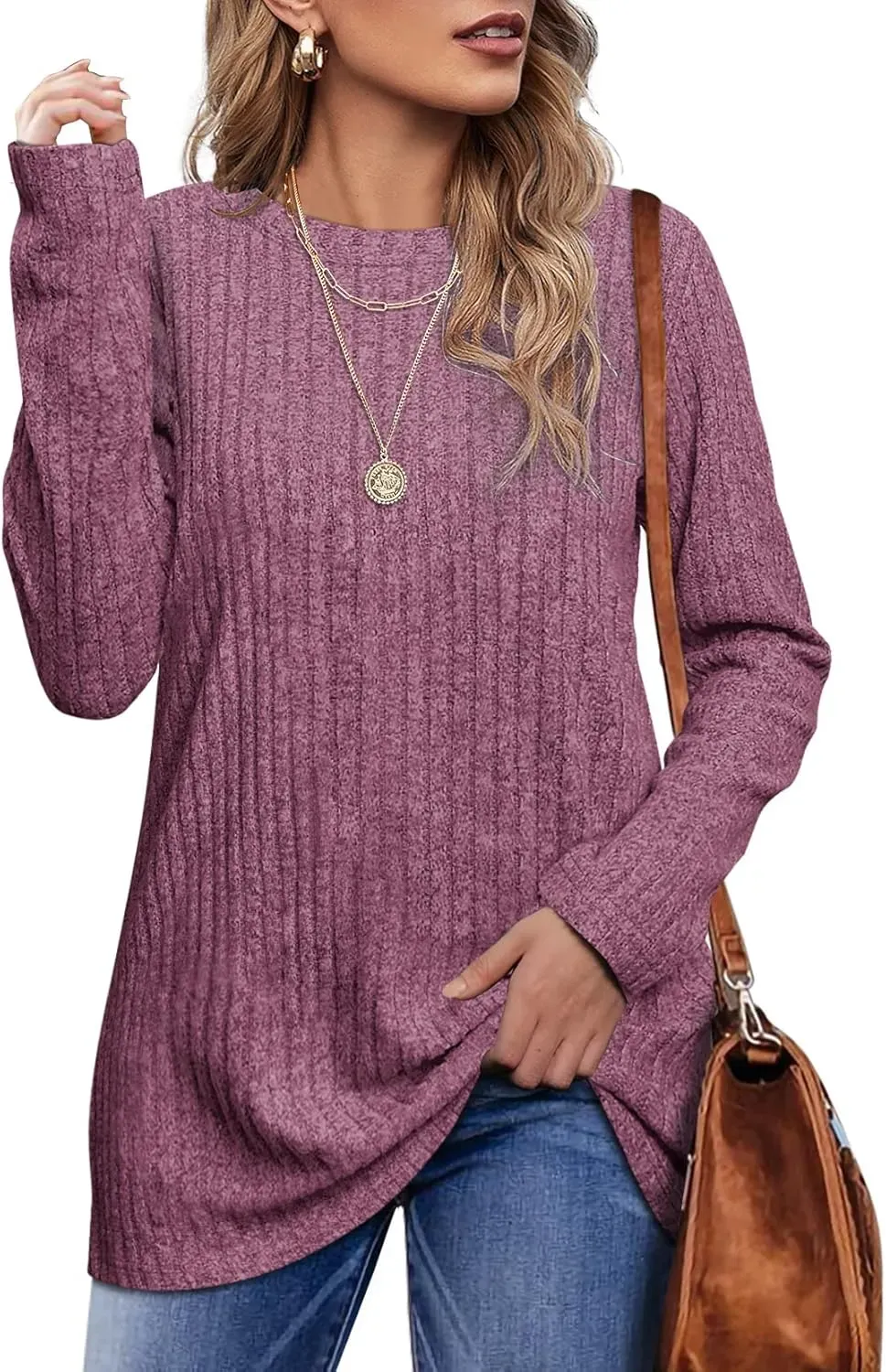 OFEEFAN Long Sleeve Shirts for Women Lightweight Crew Neck Casual Tunic Tops