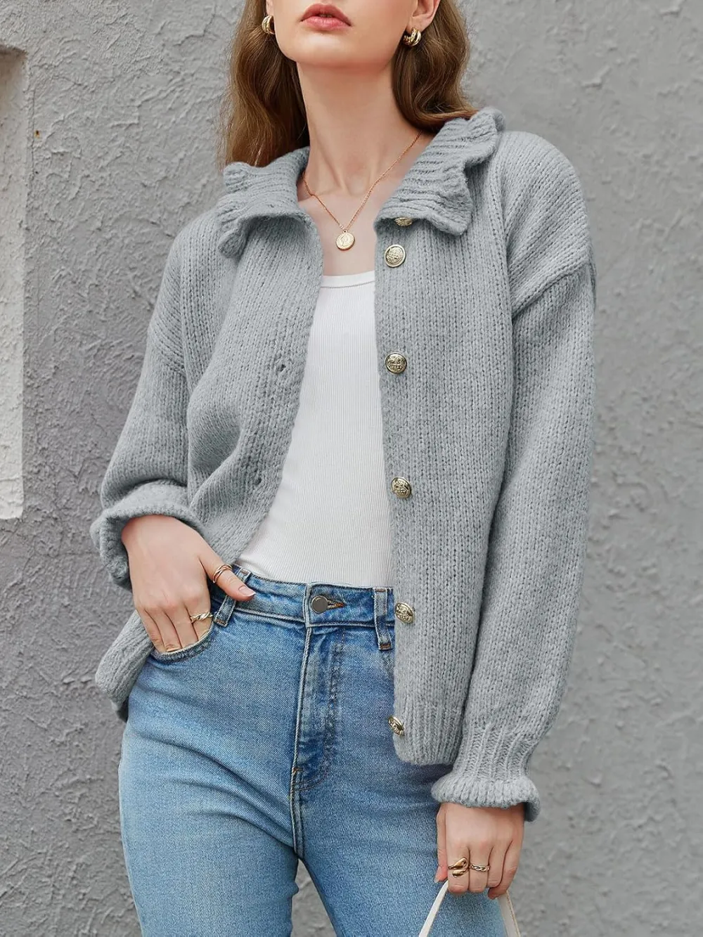 🎄Hot Sale Ruffle Cardigan Oversized Button Up Ribbed Knit Open Front Long Sleeve Loose Sweater