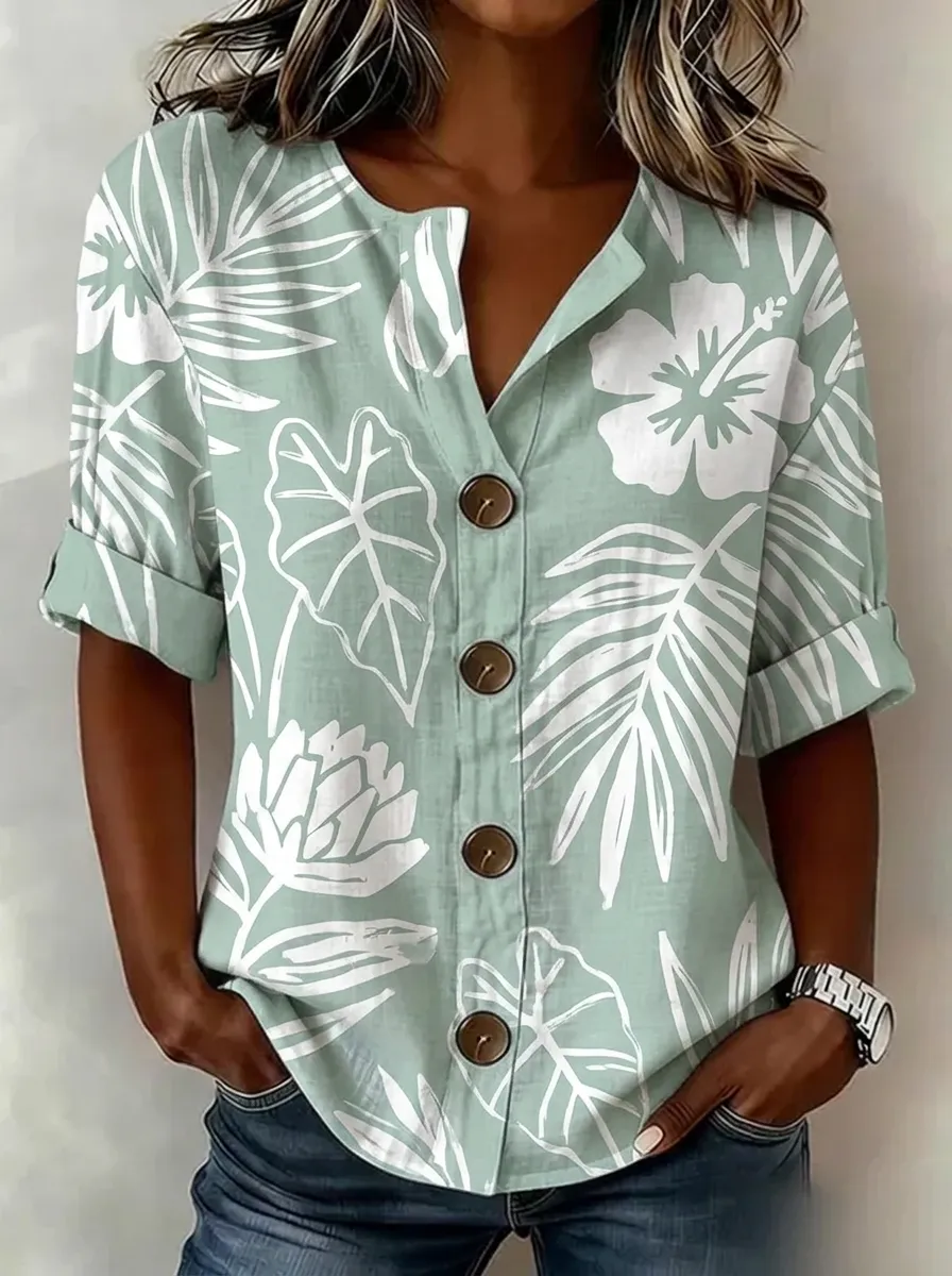 Women's Nashville Tropical Hibiscus Leaf Printed Button-Down Shirt