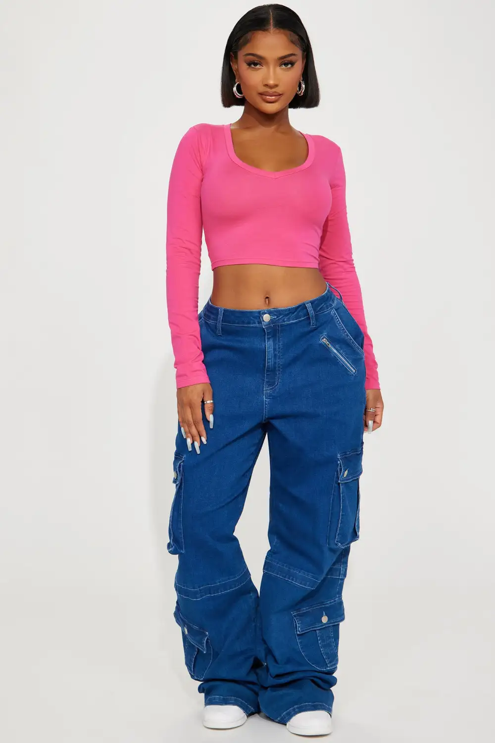 Carly V Neck Crop Long Sleeve Tee - Fuchsia