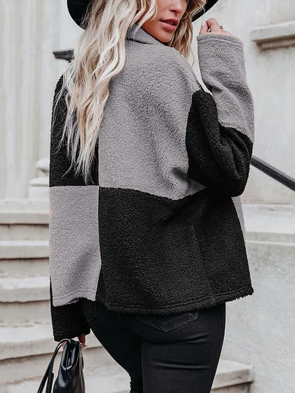 Lapel Contrast Panel Long Sleeve Fleece Jacket