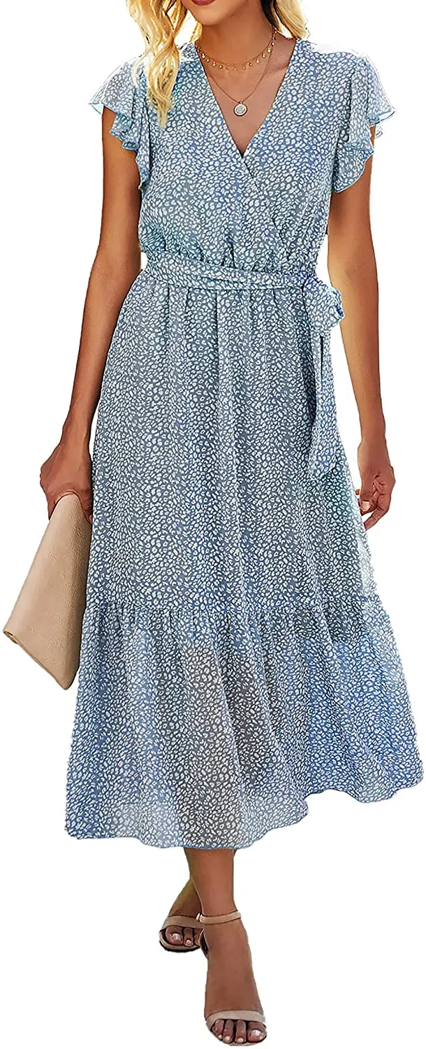 Women Summer Bohemian Floral Casual Wrap V Neck Ruffle Cap Sleeveless Belt A-Line Pleated Hem Swing Midi Sun Dress