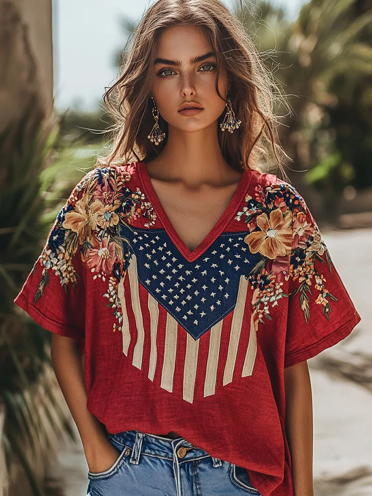 Women's Independence Day Flag Flower Embroidered Art Linen T-shirt
