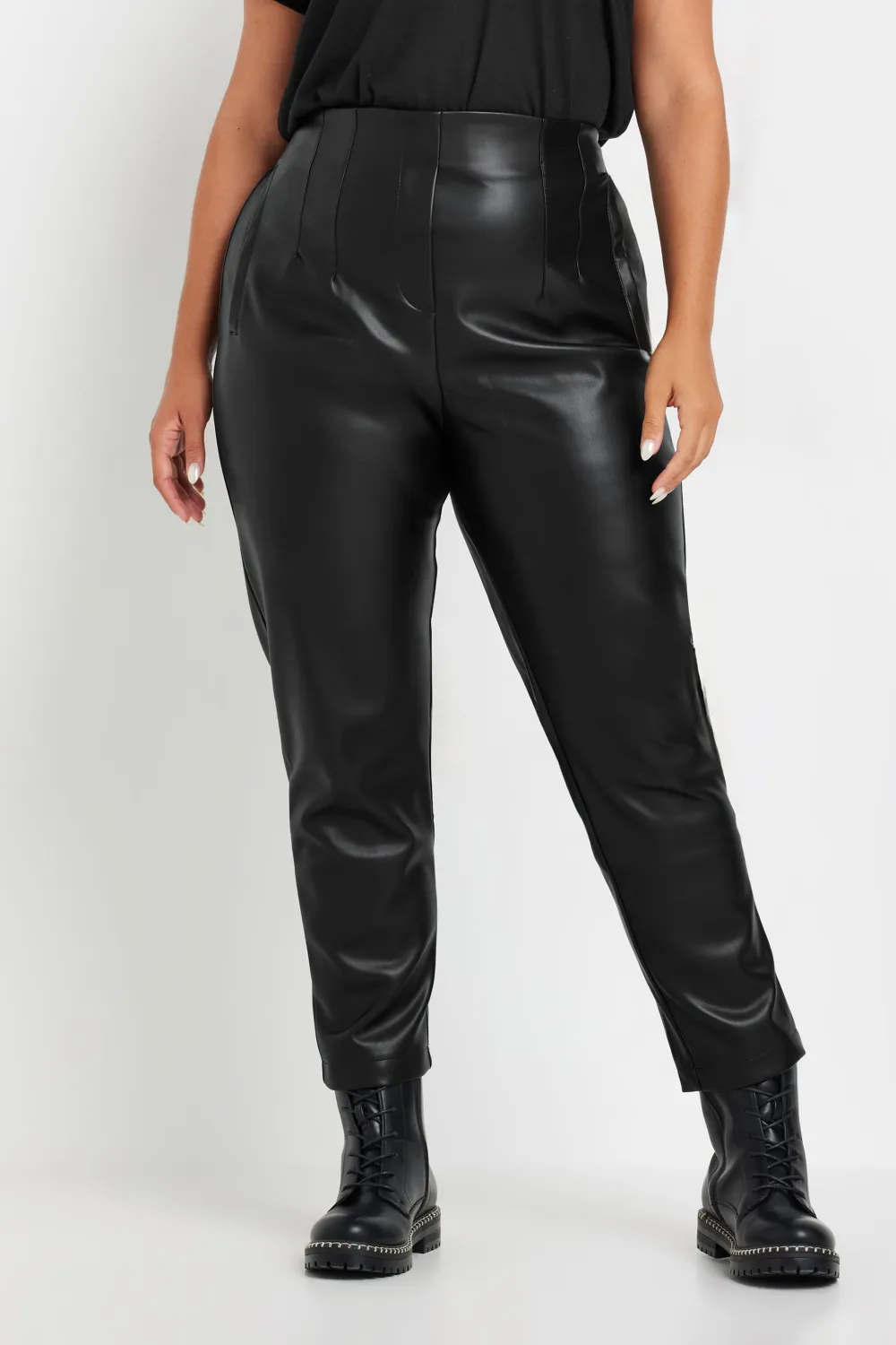 YOURS Curve Black Coated Darted Waist Tapered Trousers