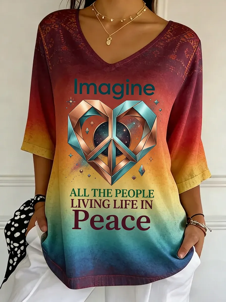 Women's Nashville Peace Sign Geometric Heart Printed V-neck T-shirt