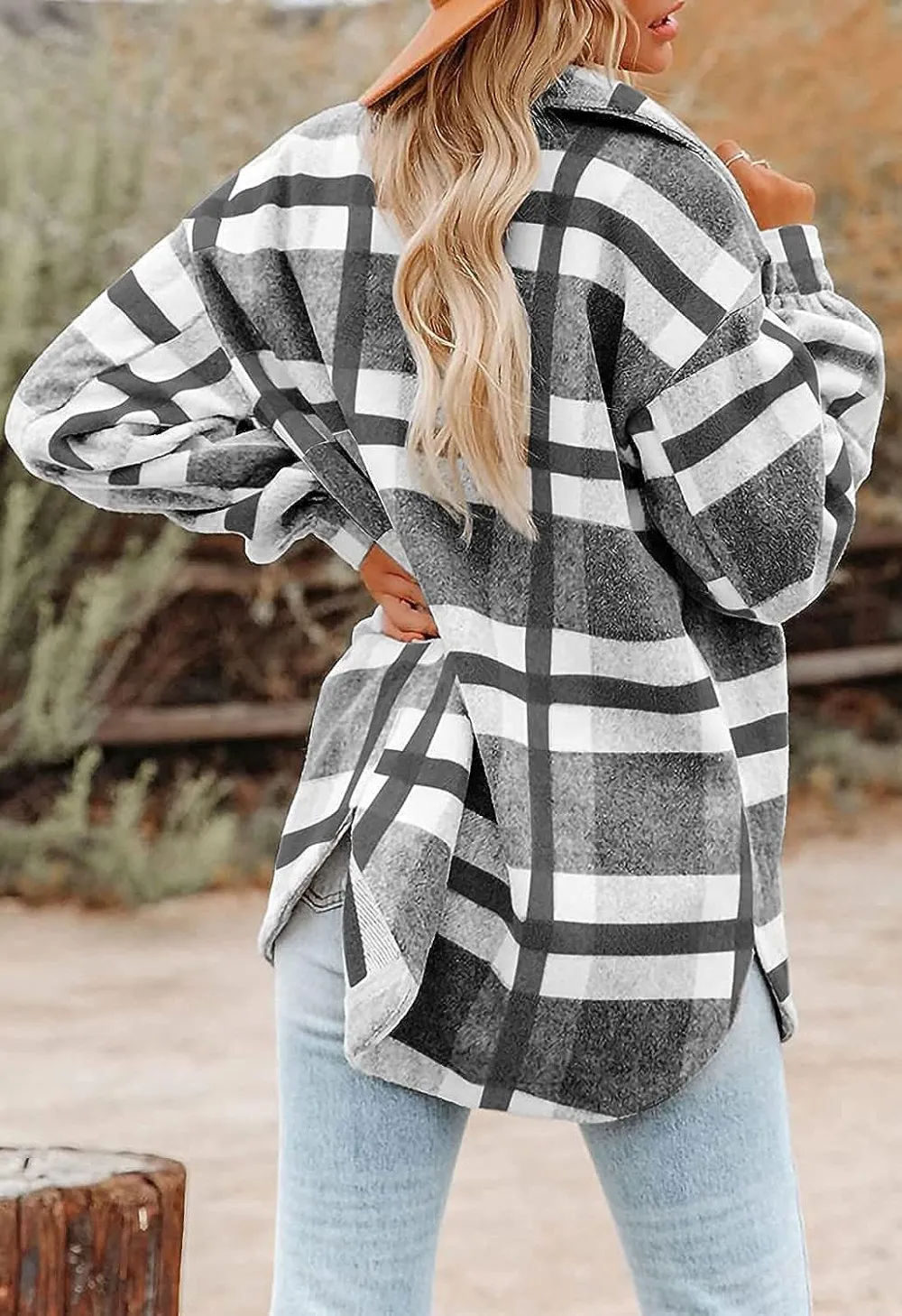 Women's Flannel Plaid Shacket Long Sleeve Button Down Chest Pocketed Shirts Jacket Coats