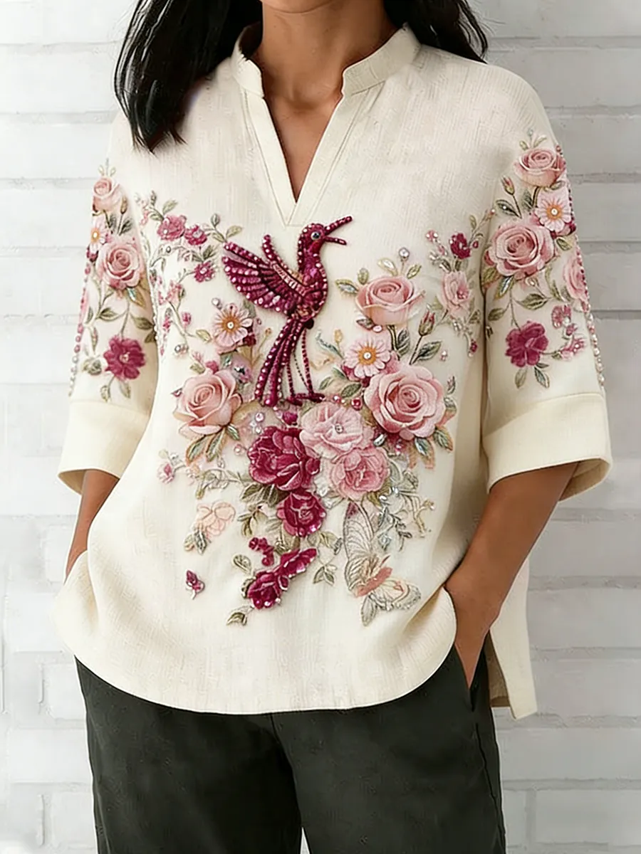 Women's Retro Pink Flower Flying Bird Embroidery Art Linen Blended V-Neck Top
