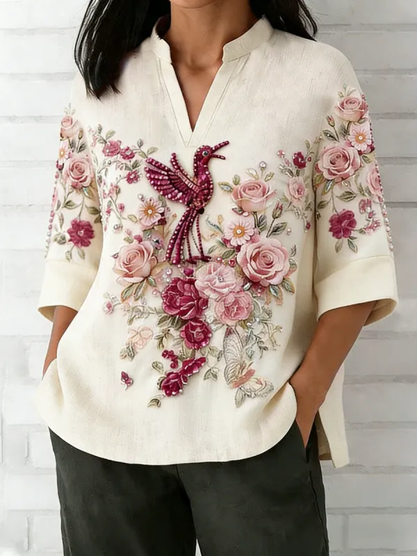 Women's Retro Pink Flower Flying Bird Embroidery Art Linen Blended V-Neck Top