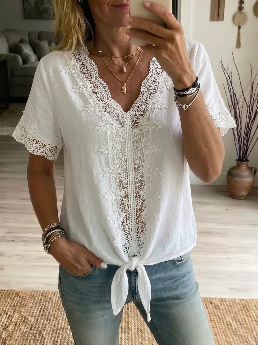 Women's Nashville Country Style Lace Trimmed Tie Front Top