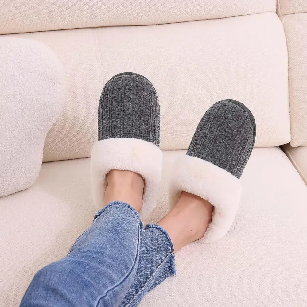 Warm Knit House Slippers for Women Comfy Wool-Like Lined Chenille Slippers with Memory Foam and Indoor Outdoor Soles