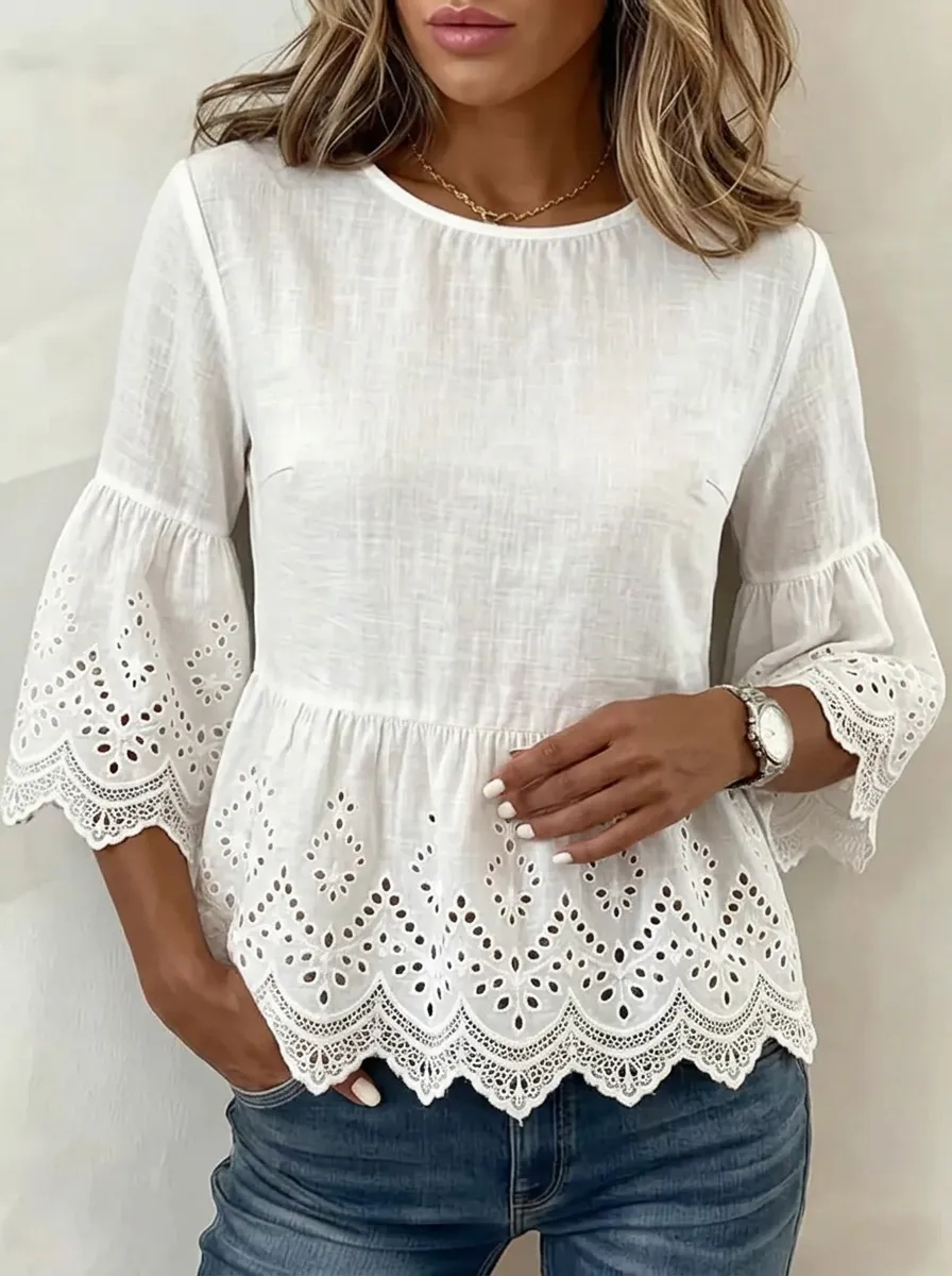 Women's Nashville Country Style Eyelet Lace Bell Sleeve Printed Top