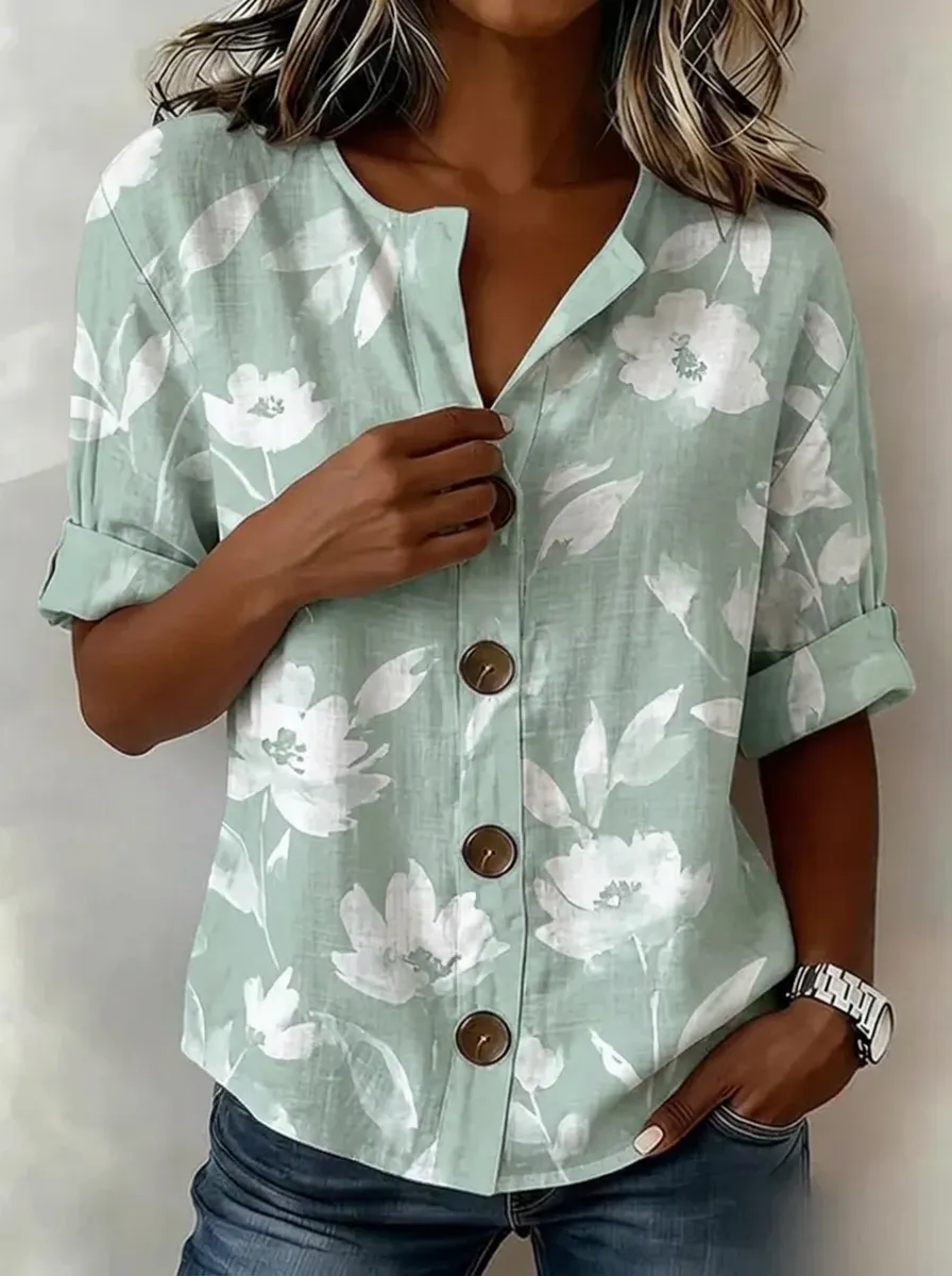 Women's Nashville Floral Botanical Printed Button-Down Shirt