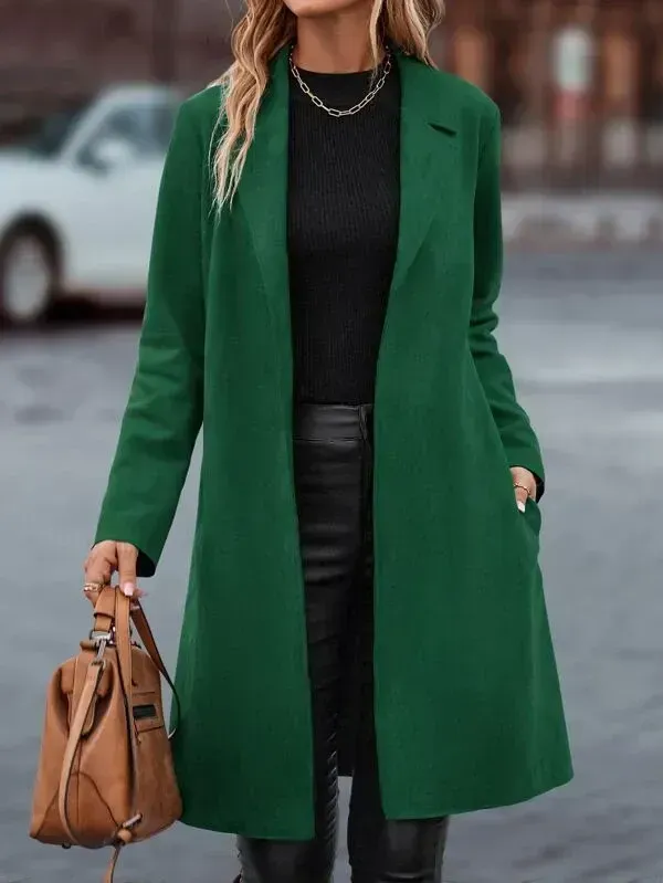 Lapel Neck Slant Pockets Open Front Belted Coat