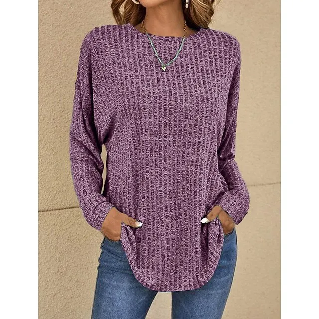 Women's T shirt Tee Grass Green Violets Black Plain Long Sleeve Daily Weekend Basic Round Neck Regular Fit Fall & Winter