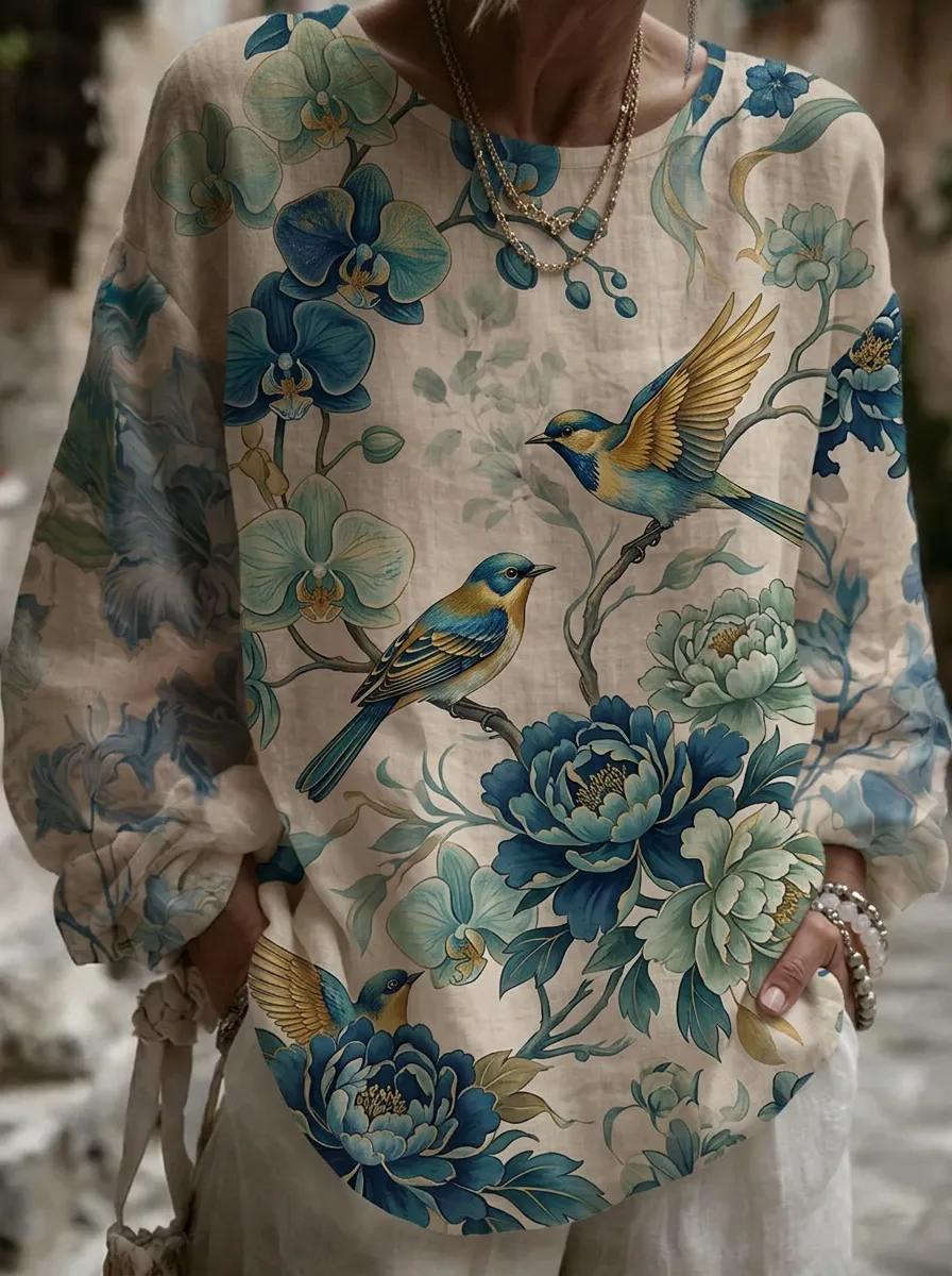 Women's Nashville Nature Lover Blue Bird Orchid Floral Printed Top
