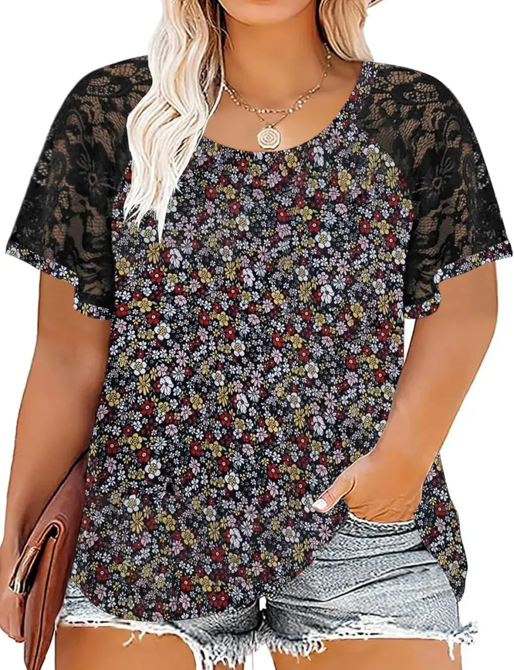 HDLTE Womens Plus Size Tops Floral Bell Sleeves Blouses Summer Crewneck Tunic Loose Casual T Shirts