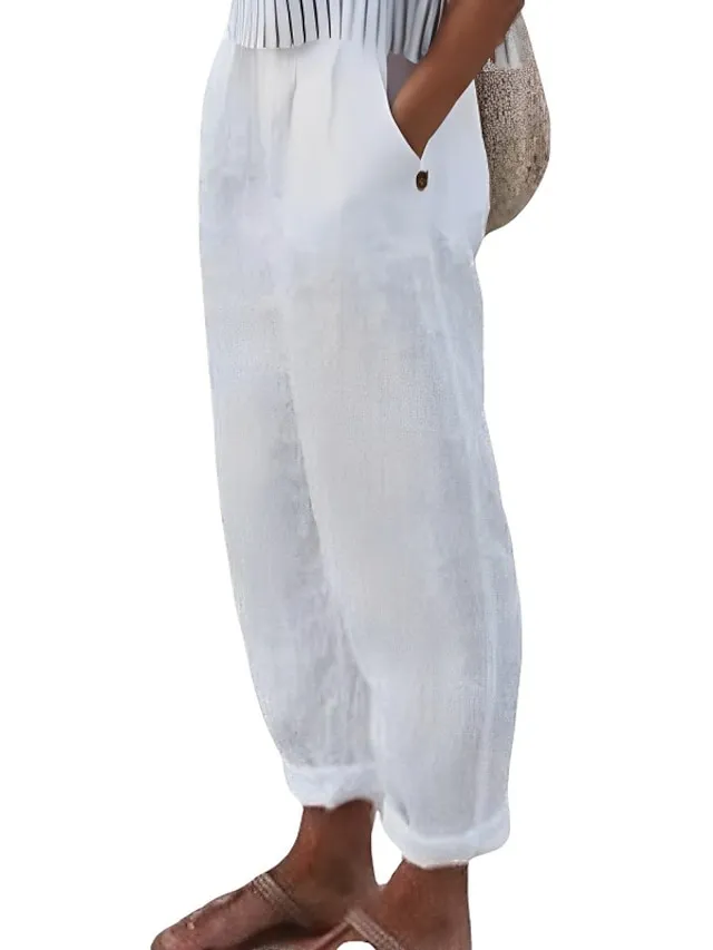 Women's Linen Pants Chinos Pants Trousers 100% Cotton Chinese Style Pleated Baggy Full Length Micro-elastic Mid Waist Casual Lounge Casual Daily White Sky Blue S M Spring &  Fall