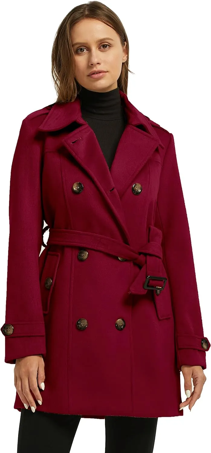 Women's Double Breasted Pea Coat Winter Mid-Long Trench Coat with Belt