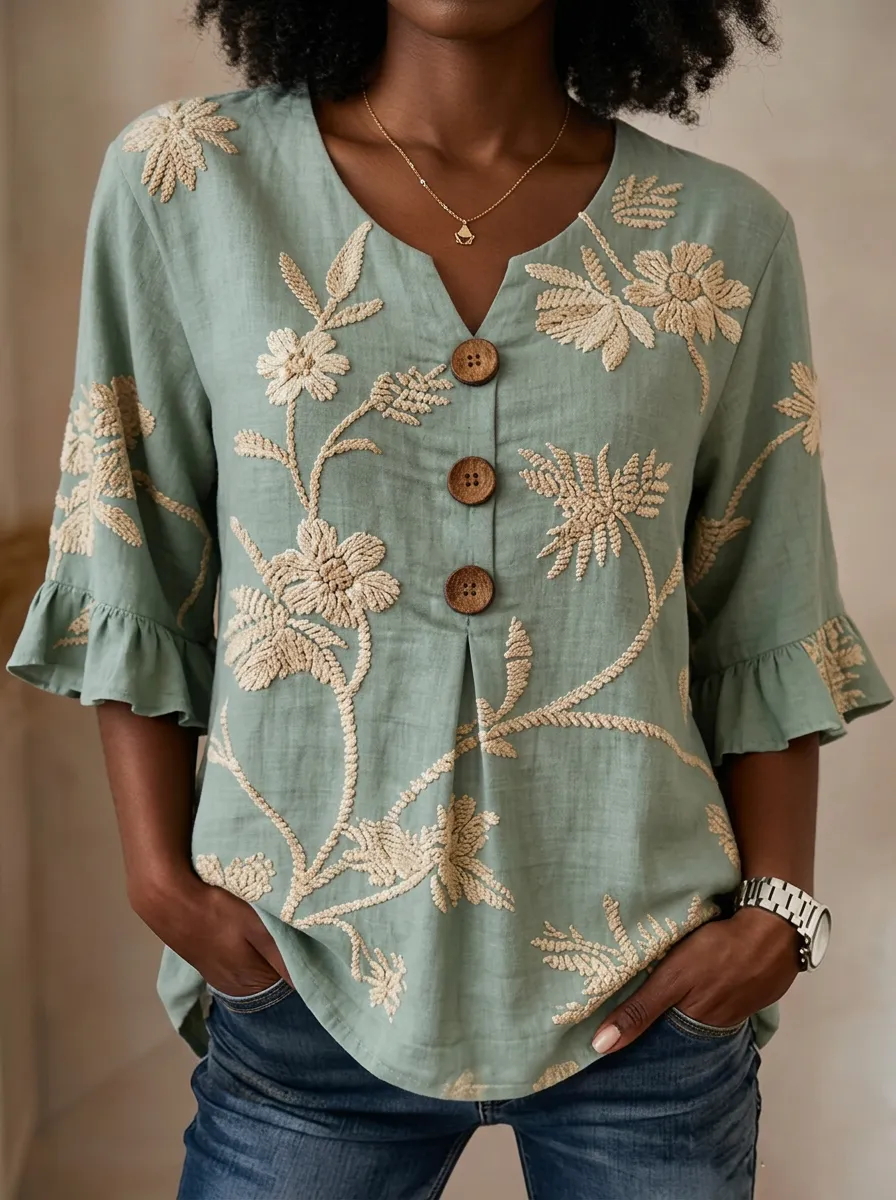 Women's Nashville Floral Embroidered Button-Down Ruffle Top
