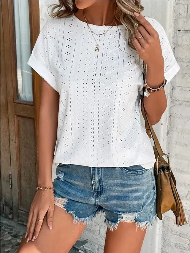 Women's T shirt Tee White Eyelet Tops Light Blue Black White Plain Cut Out Short Sleeve Daily Weekend Basic Round Neck Regular Cotton S