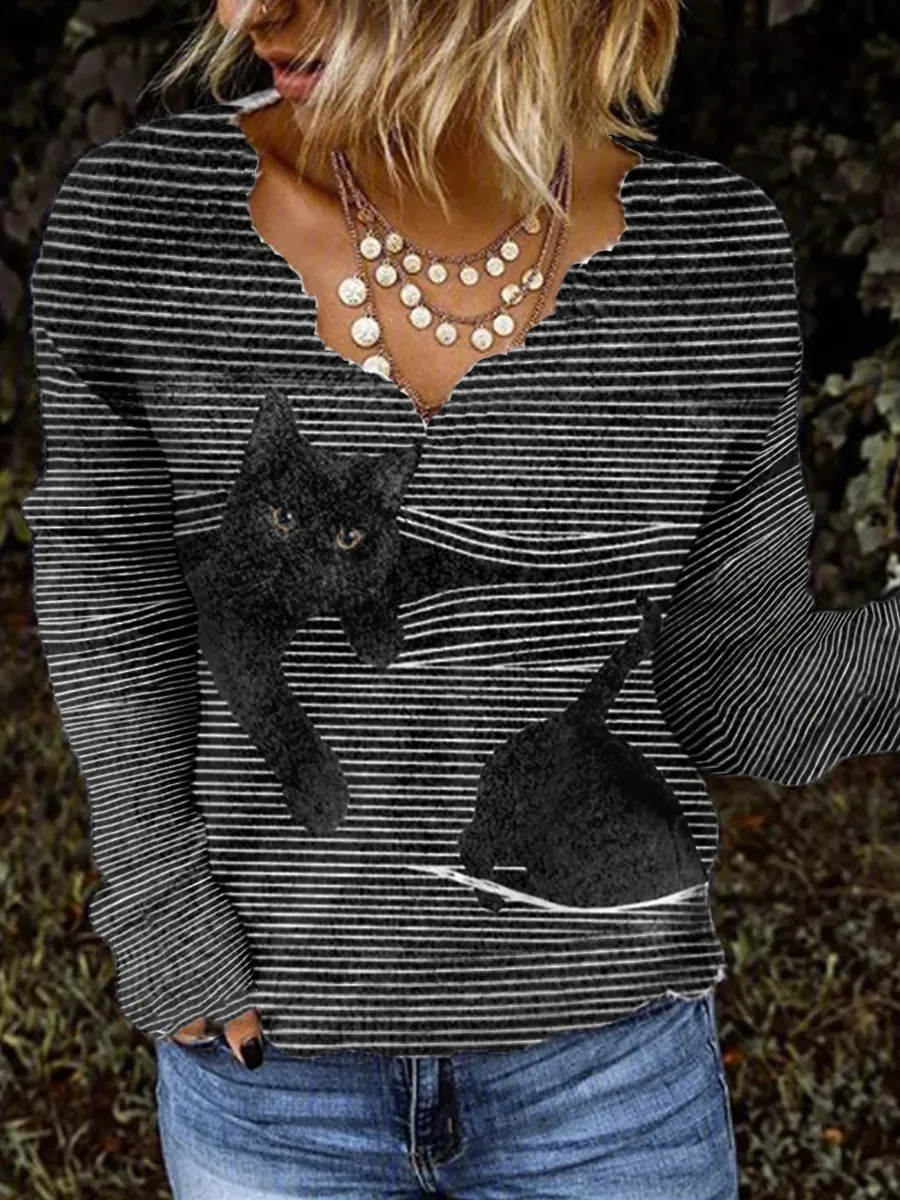 Fashion Cat Print Knitted Sweater