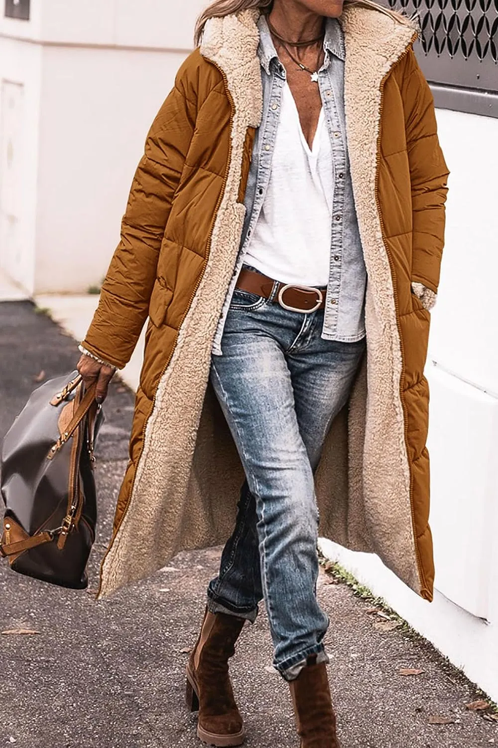 Women's 2023 Warm Winter Coats Reversible Sherpa Fleece Long Hooded Puffer Jackets Outerwear