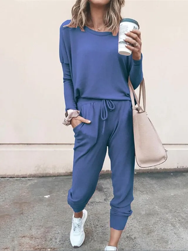 Women's Lounge Sets Crew Neck Long Sleeve Shirt and Elastic Waist Pants with Pockets Pure Color Fashion Casual Soft Home Daily Bed Polyester Breathable Summer Autumn Black Pink