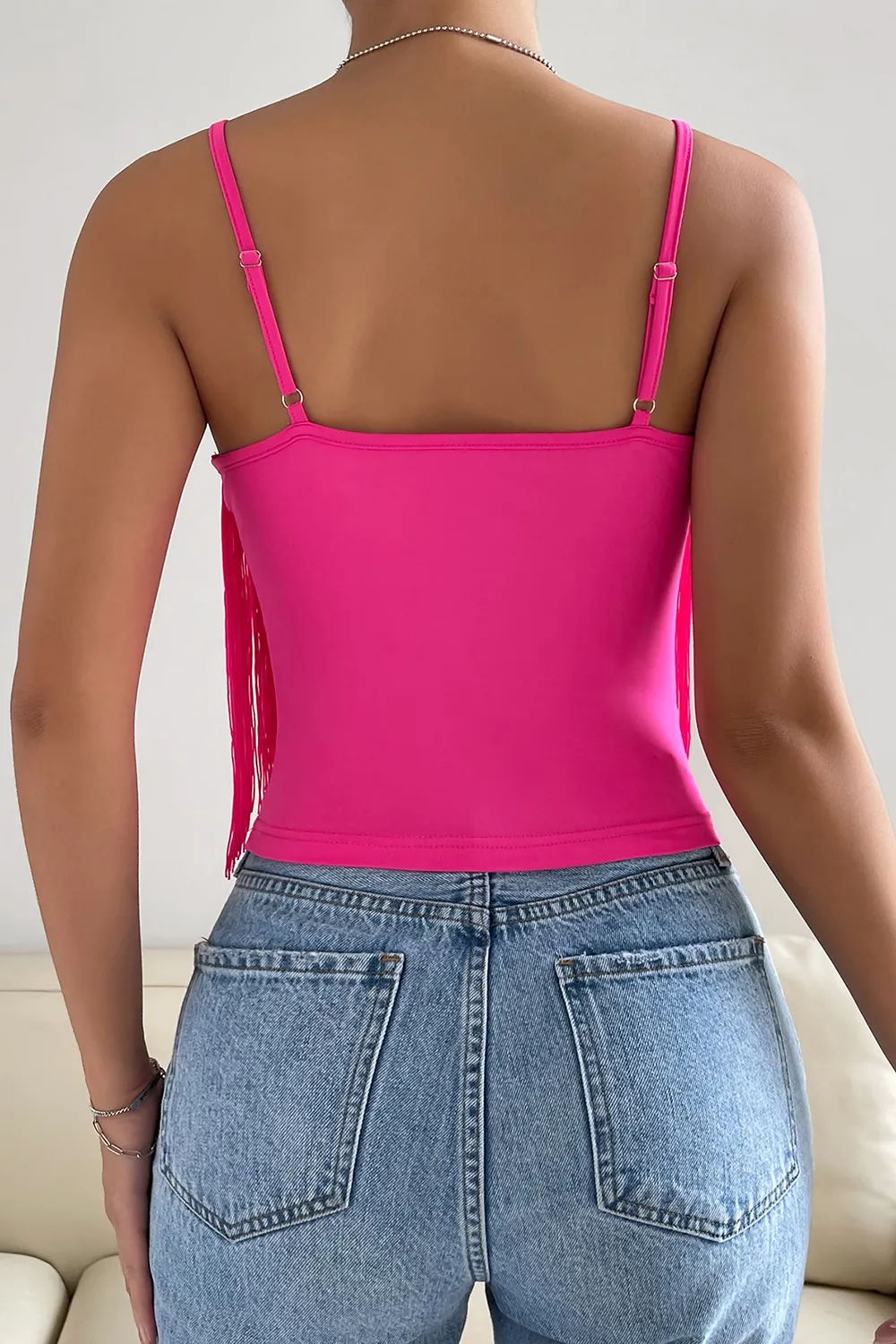 Summer Beach Solid Fringe Trim Cami Bodycon Top