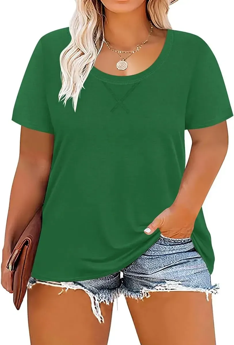 TIYOMI Plus Size T Shirt for Women Short Sleeve Tunic Cross Line Shirts Round Neck Tops Summer Blouse XL-5XL 14-28