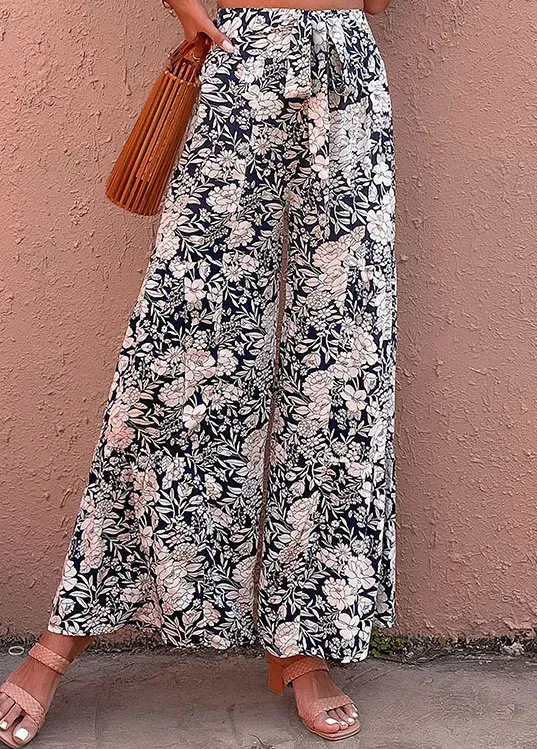 Navy Bowknot Floral Print Elastic Waist Pants