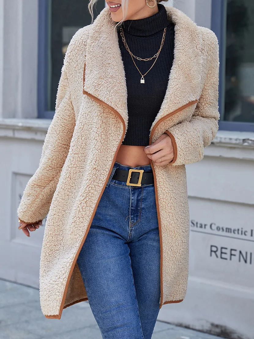 Loose Casual Solid Color Lapel Collar Plush Warm Coat
