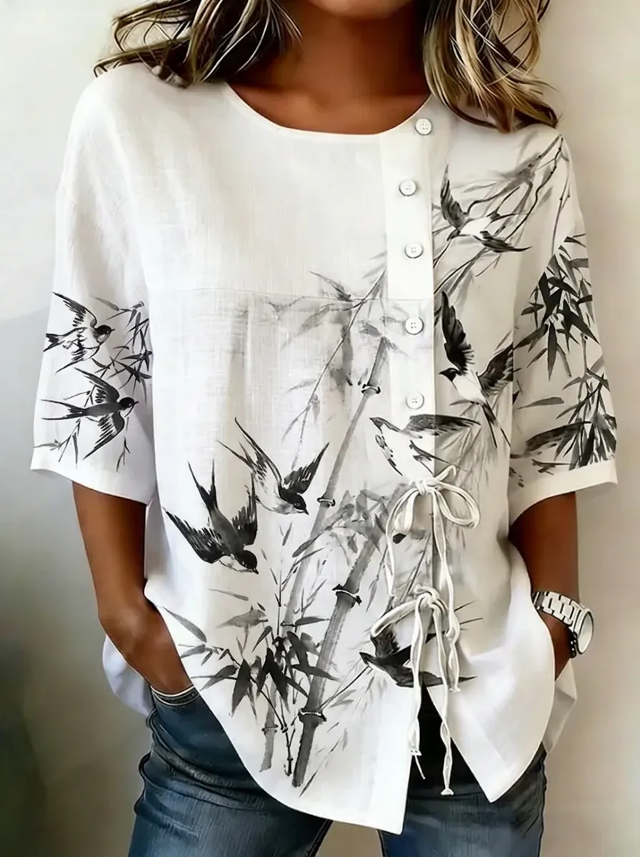 Women's Nashville Bamboo Swallow Ink Wash Printed Top