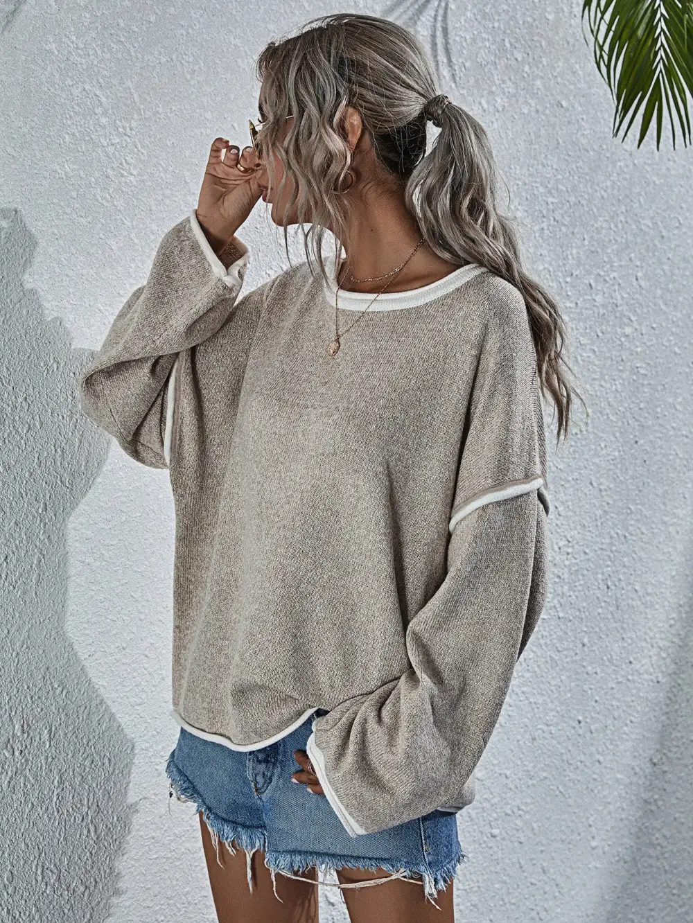 Dropped Shoulder Boat Neck Long Sleeve Sweater