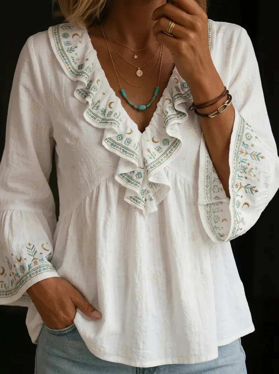 Women's Nashville Country Star Moon Printed Ruffle Blouse