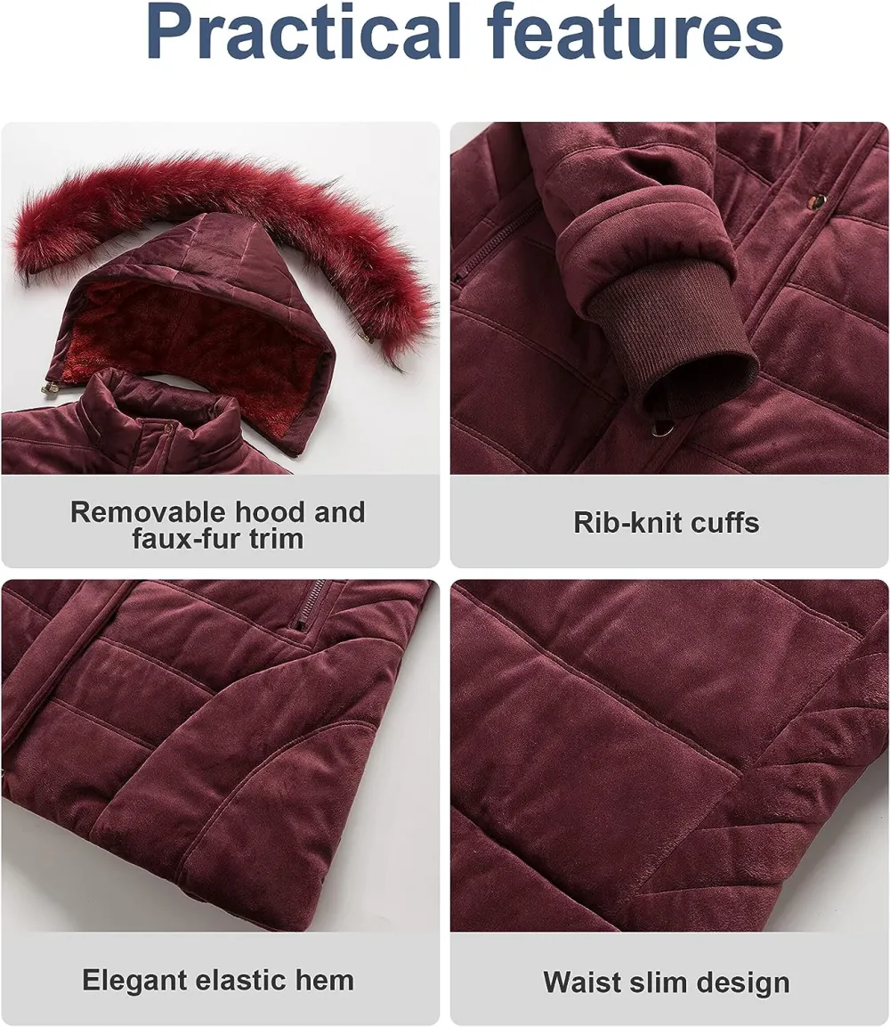 Women's Warm Winter Coat Velvet Puffer Jacket Quilted Faux Fur Hood