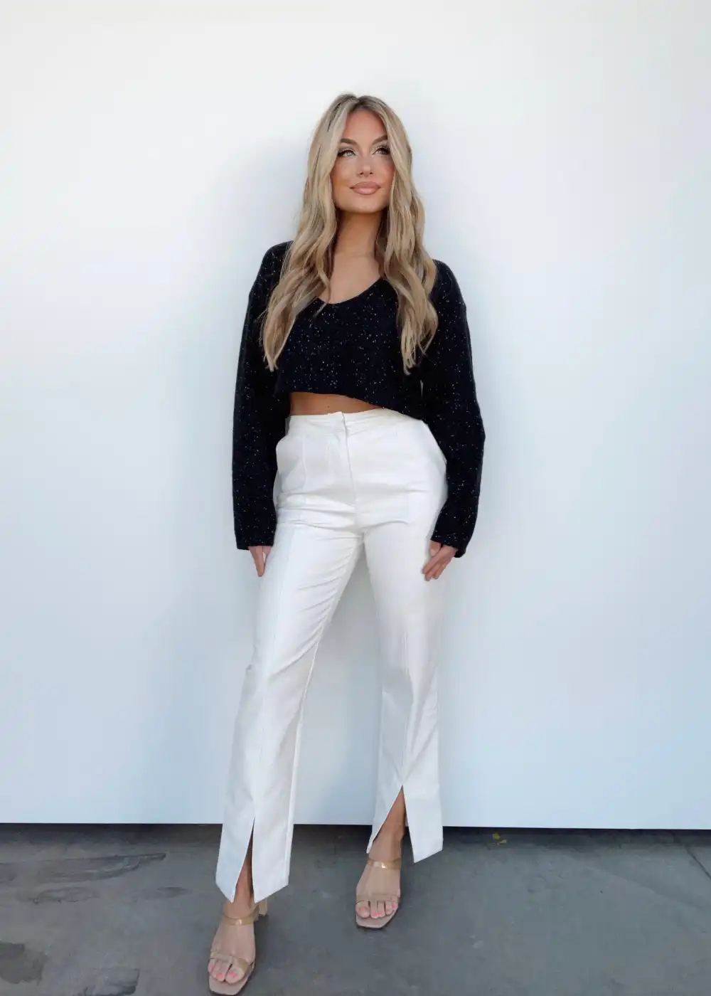 Ivory Front Slit Leather Pants