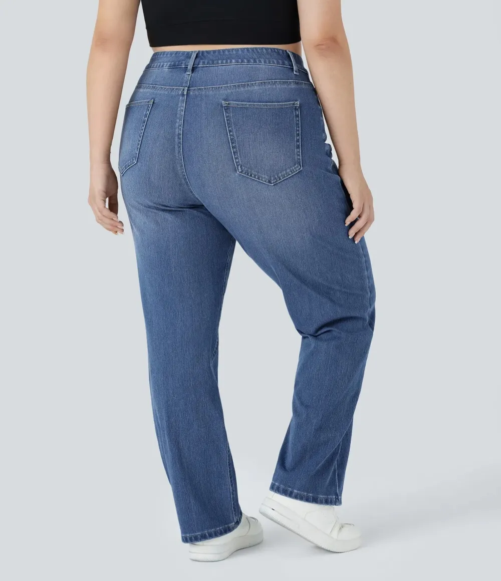 High Waisted Multiple Pockets Straight Leg Washed Stretchy Knit Casual Jeans