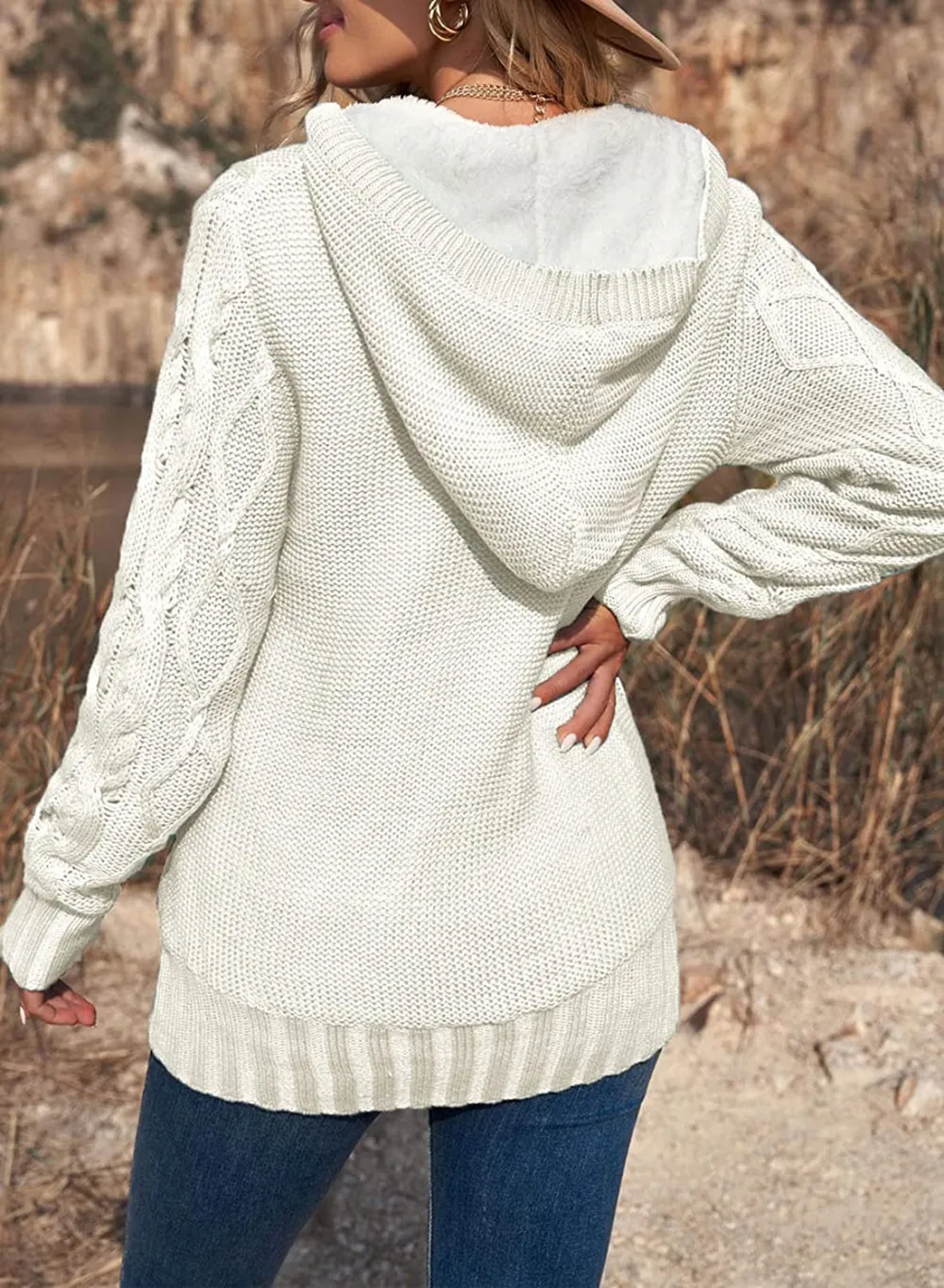 Womens Hooded Cardigans Button Up Cable Knit Sweater Coat Outerwear with Pockets