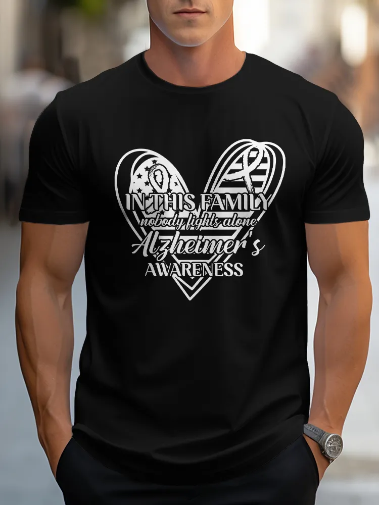 Men'S Round-Neck Short-Sleeved T-Shirt In This Family Nobody Fights Alone Alzheimer'S Awareness Prints