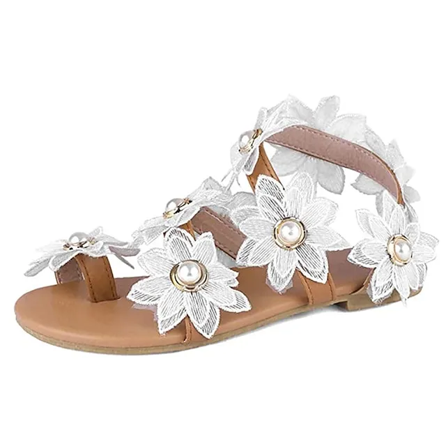 Women's Wedding Shoes Sandals Boho Bohemia Beach Flat Sandals Plus Size Wedding Party Daily Summer Imitation Pearl Flower Flat Heel Open Toe Cute Elegant Casual Walking Shoes Lace Synthetics Loafer