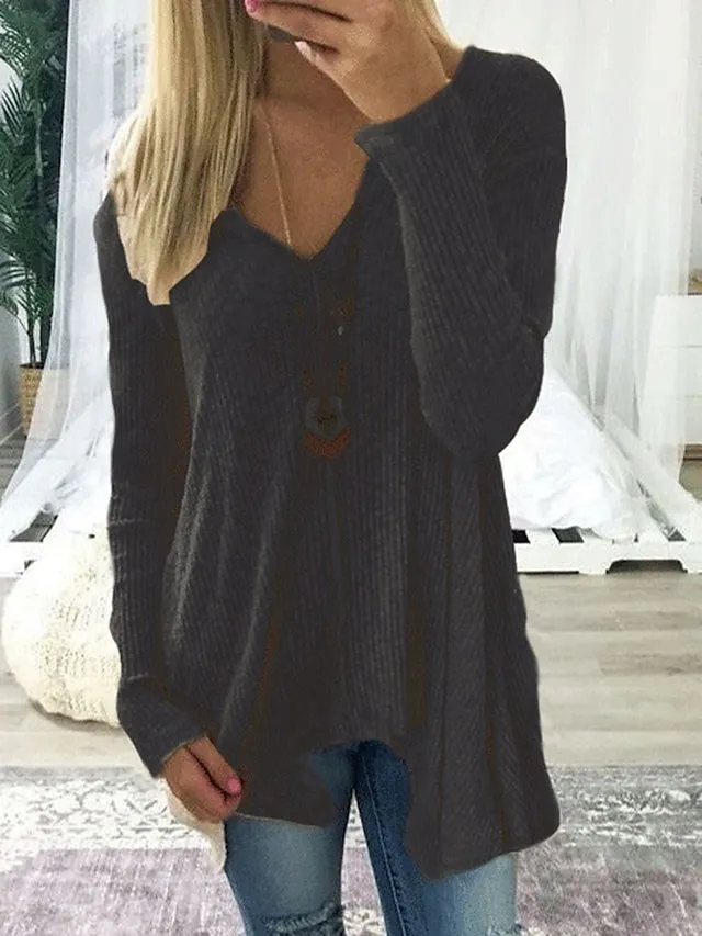 Women's Pullover Sweater Knitted Solid Color Basic Casual Long Sleeve Sweater Cardigans V Neck Fall Winter Spring Blue Blushing Pink Gray
