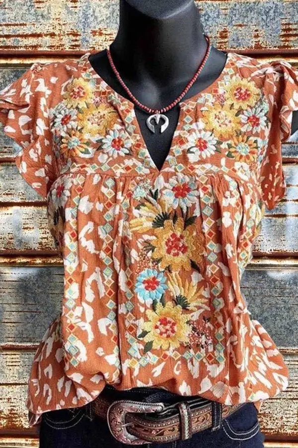 Floral Print Ruffle Design V-Neck T-Shirt