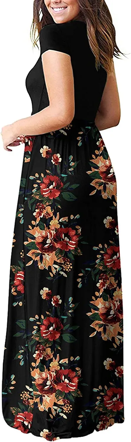 Women's Short Sleeve Loose Plain Maxi Dresses Casual Long Dresses with Pockets