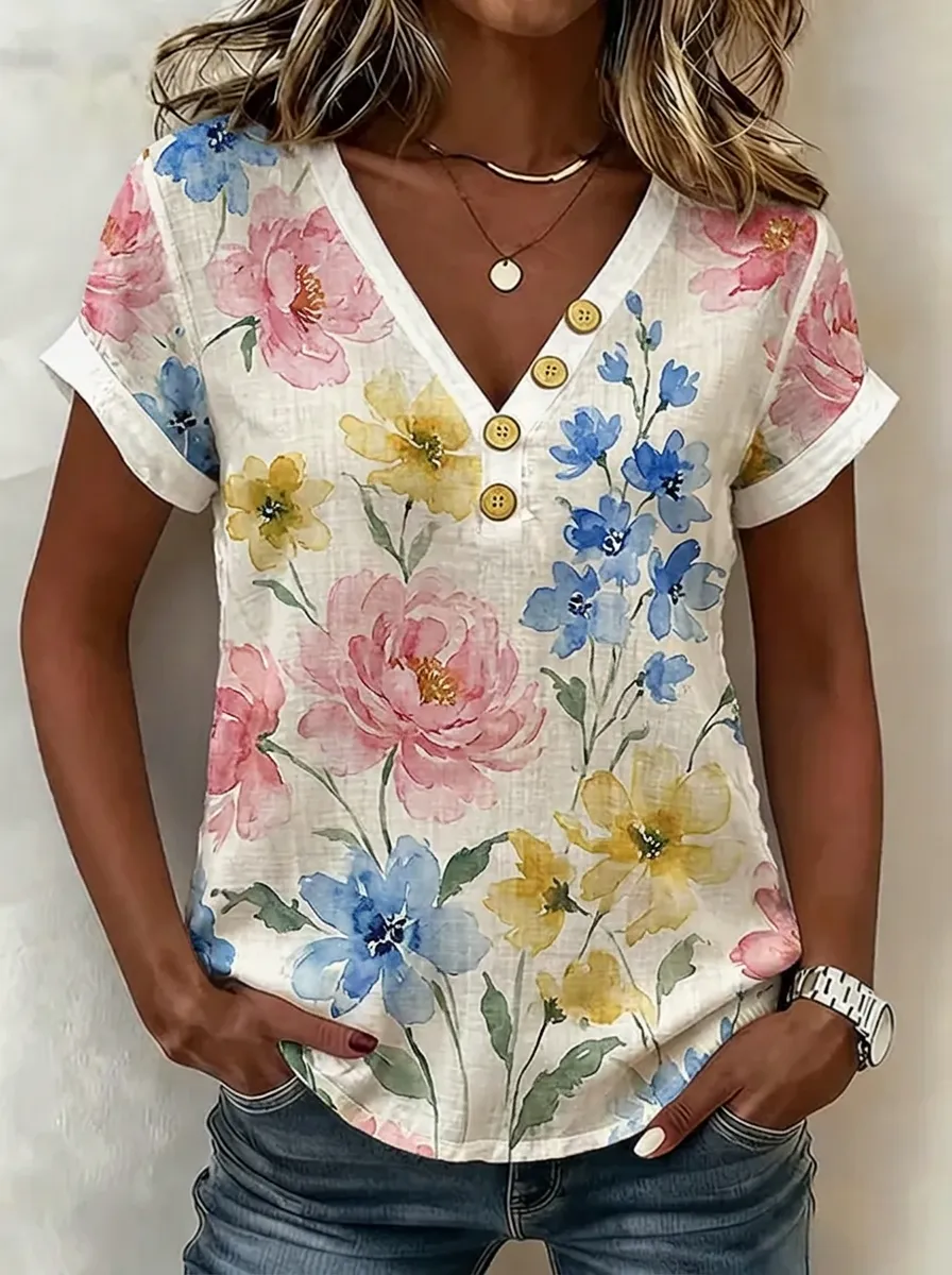 Women's Nashville Floral Watercolor Printed V-Neck Button Top