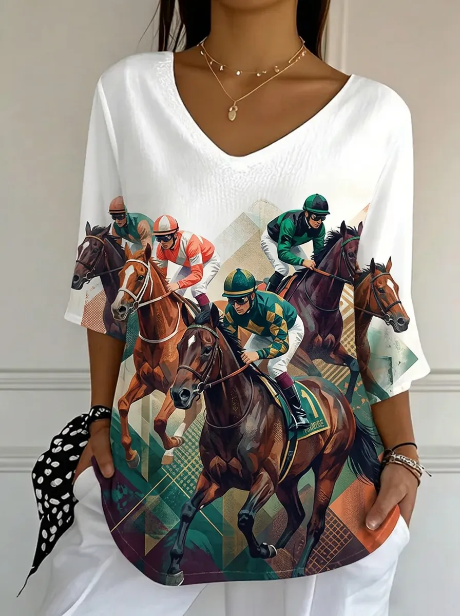 Women's Horse Racing Lover Nashville Printed V-neck Top