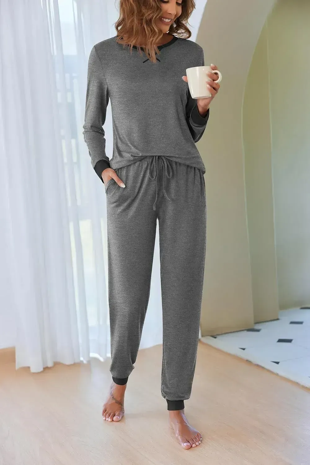 Women's Pajamas Sets Long Sleeve with Plaid Pants Soft Sleepwear O Neck 2 Piece Pjs Joggers Loung Set with Pockets