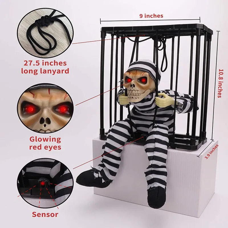 Screaming Animated Halloween Decorations Halloween Decor Prop Scary Skull Cage Prisoner Haunted House Decor, Ghost Light Up Eyes