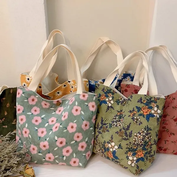 Women's Tote Tote Canvas Tote Bag Corduroy Shopping Daily Print Flower small green flowers Corduroy Blue Daisy Portable Corduroy Red Rose Portable